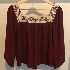 Maroon Blouse with Loose Sleeves and Embroidered Neck Line, size M